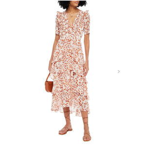 Maje Romina Dress Floral Print Tiered Midi Chiffon Ruffles Smocked 40 8 NWT